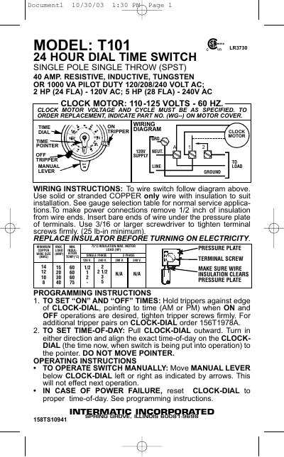 Intermatic T101 24 Hour Dial Time Switch User Manual - cover page