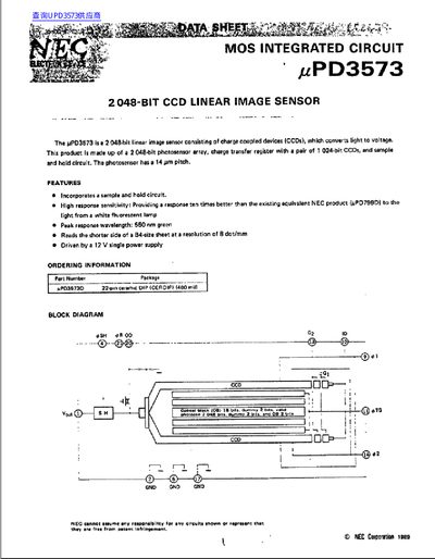 NEC uPD3573 2048-Bit CCD Linear Image Sensor Datasheet - cover page