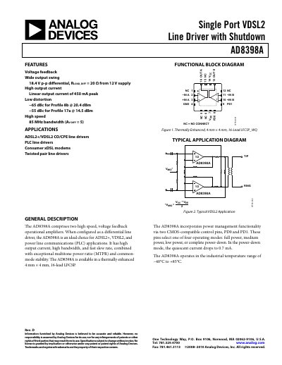 Analog Devices AD8398A Single Port VDSL2 Line Driver with Shutdown Datasheet - cover page