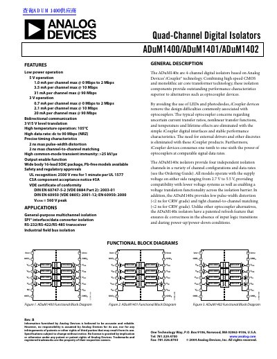 Analog Devices ADuM1400/ADuM1401/ADuM1402 Quad-Channel Digital Isolators Datasheet - cover page