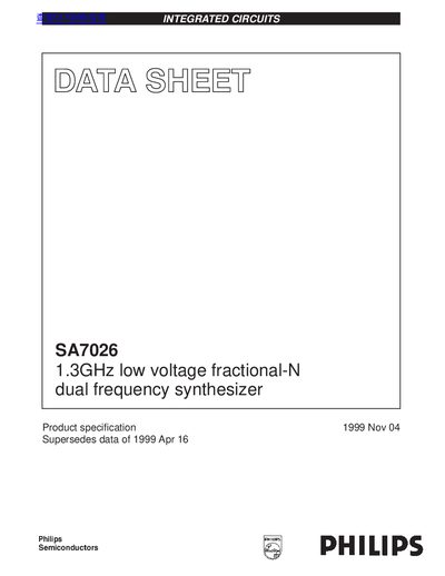 Philips SA7026 1.3GHz Low Voltage Fractional‑N Dual Synthesizer Datasheet