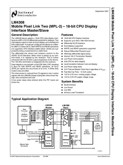 NATIONAL SEMICONDUCTOR - LM4308 Mobile Pixel Link Two (MPL-2) 18-bit CPU Display Interface Master/Slave handbook - cover page