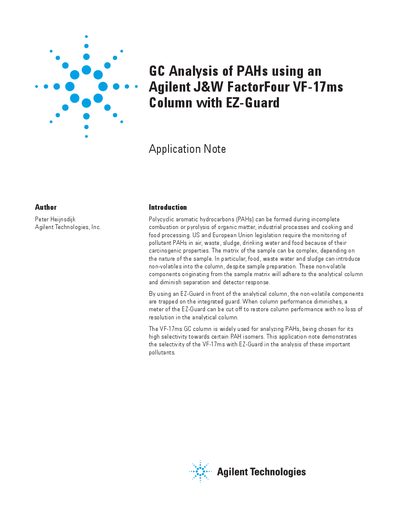 Agilent VF-17ms Column with EZ-Guard PAH Analysis Application Note - cover page