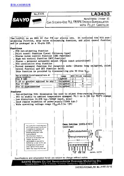 Sanyo LA3433 MPX IC Datasheet - cover page