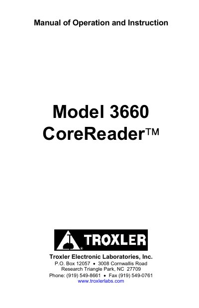 Troxler Electronic Laboratories Model 3660 CoreReader Manual of Operation and Instruction - cover page
