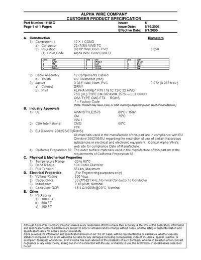 Alpha Wire 1181C Product Specification - cover page