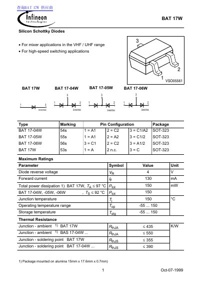 Infineon BAT 17W Silicon Schottky Diodes Datasheet - cover page