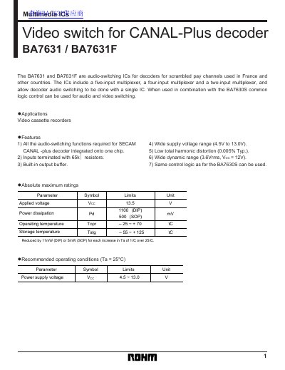 ROHM BA7631/BA7631F Video Switch Handbook - cover page
