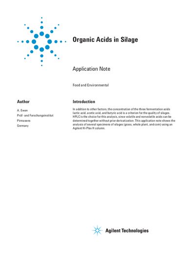 Agilent Hi-Plex H Column Organic Acids in Silage Application Note - cover page