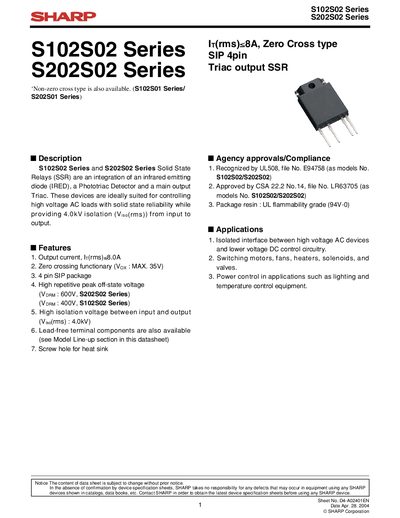 Sharp S102S02 / S202S02 Series Solid State Relay Datasheet - cover page