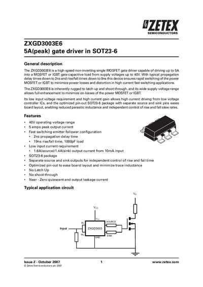 ZETEX ZXGD3003E6 5A(peak) gate driver in SOT23-6