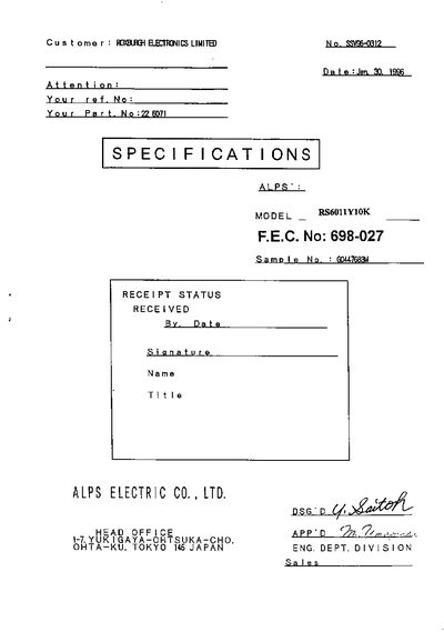 ALPS RS6011Y10K Slide Potentiometer Data Sheet - cover page