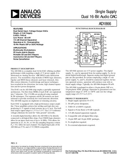 Analog Devices AD1866 16-Bit DAC Product Handbook - cover page