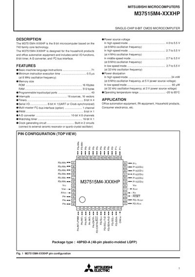 Mitsubishi M37515M4-XXXHP 8-bit CMOS Microcomputer Datasheet - cover page