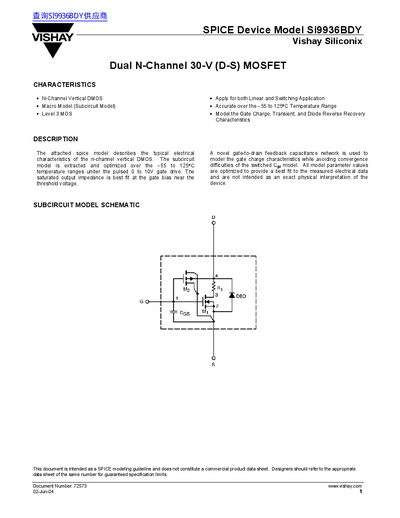 Vishay SPICE Device Model Si9936BDY Dual N-Channel 30-V (D-S) MOSFET handbook - cover page