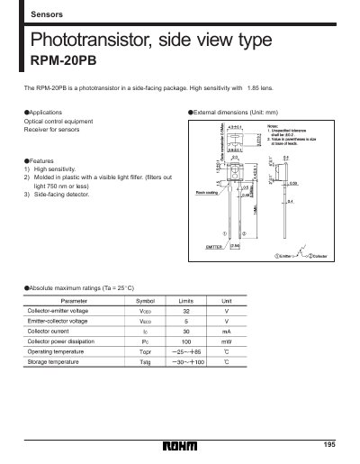 ROHM RPM-20PB Phototransistor Handbook - cover page