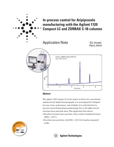 Agilent In-process control for Aripiprazole manufacturing with the Agilent 1120 Compact LC ZORBAX C-18 columns Application Note - cover page