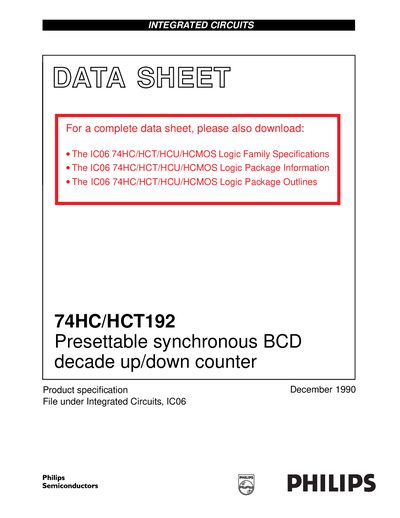 Philips 74HC/HCT192 Presettable Synchronous BCD Decade Up/Down Counter Datasheet - cover page