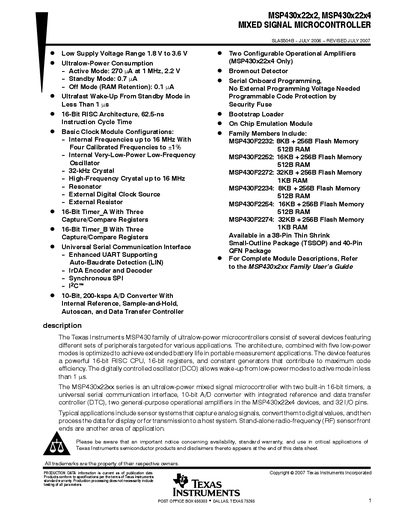 Texas Instruments MSP430x22x2 / MSP430x22x4 Mixed Signal Microcontroller Handbook - cover page