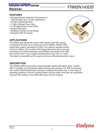 Eudyna FRM5N143DS InGaAs-APD/Preamp Receiver Datasheet - cover page