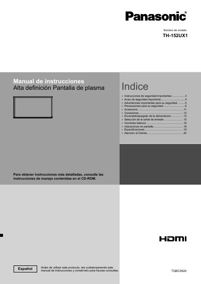 Panasonic TH-152UX1 Plasma Display Operating Instructions - cover page