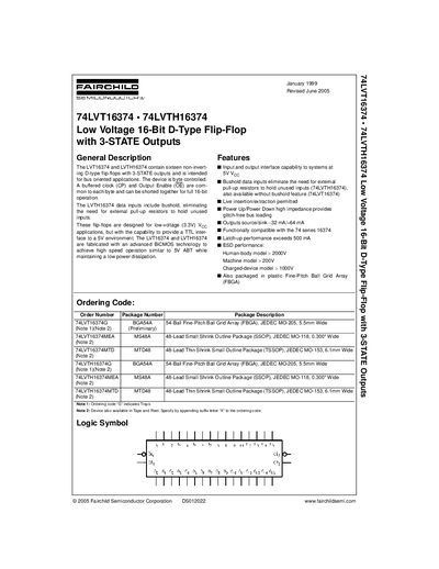 Fairchild 74LVT16374 / 74LVTH16374 Low Voltage 16-Bit D-Type Flip-Flop with 3-STATE Outputs Datasheet - cover page