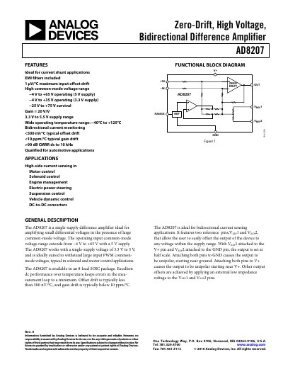 Analog Devices AD8207 Difference Amplifier Datasheet - cover page