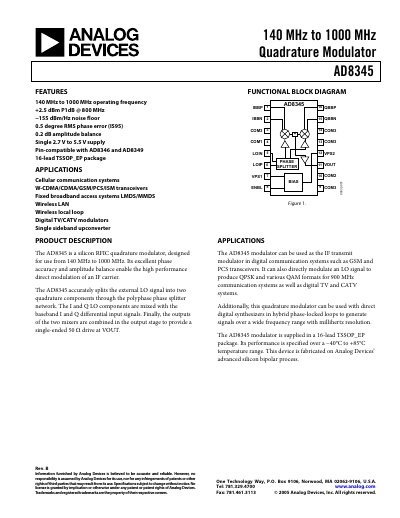 Analog Devices AD8345 Quadrature Modulator Datasheet - cover page