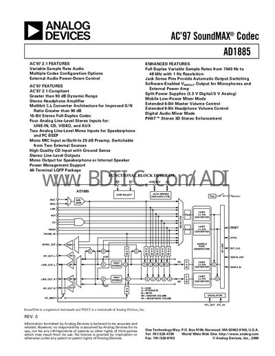 Analog Devices AD1885 Codec Datasheet - cover page