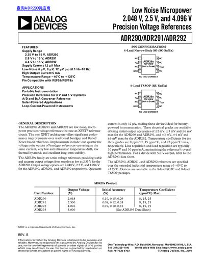 ANALOG DEVICES ADR290/ADR291/ADR292 Low Noise Micropower 2.048 V 2.5 V 4.096 V Precision Voltage References handbook - cover page