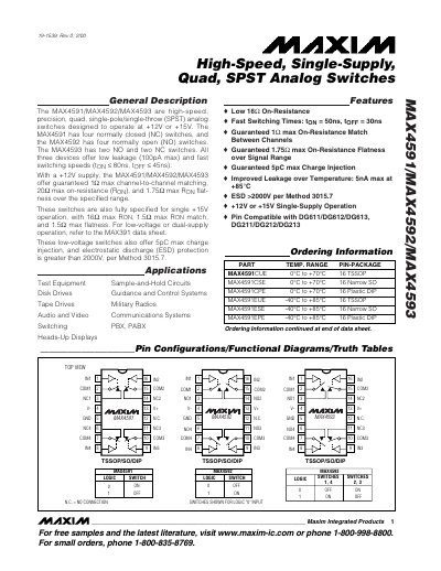 Maxim MAX4591/MAX4592/MAX4593 High-Speed Quad SPST Analog Switch Datasheet - cover page