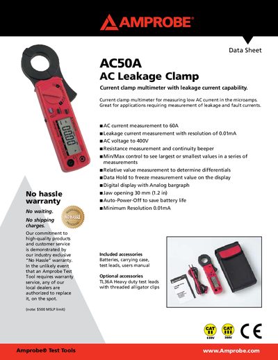 Amprobe AC50A AC Leakage Clamp Data Sheet - cover page