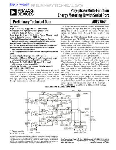 Analog Devices ADE7754 Poly-phase Energy Metering IC Datasheet - cover page