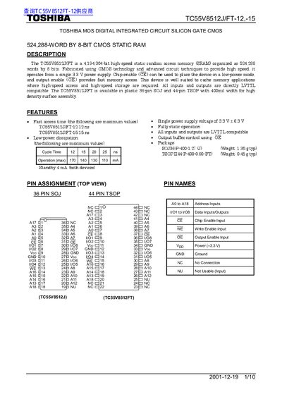 Toshiba TC55V8512J/FT-12,-15 CMOS SRAM Datasheet - cover page