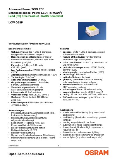 OSRAM LCW G6SP Advanced Power TOPLED Datasheet - cover page