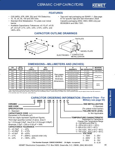 KEMET C0805C103K5RAC Ceramic Chip Capacitor Datasheet - cover page