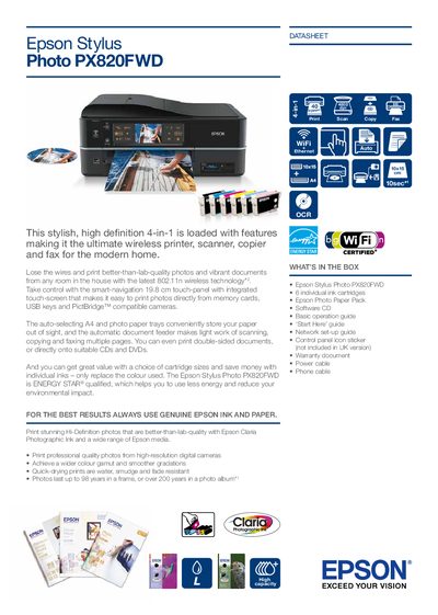 Epson Stylus Photo PX820FWD Datasheet - cover page