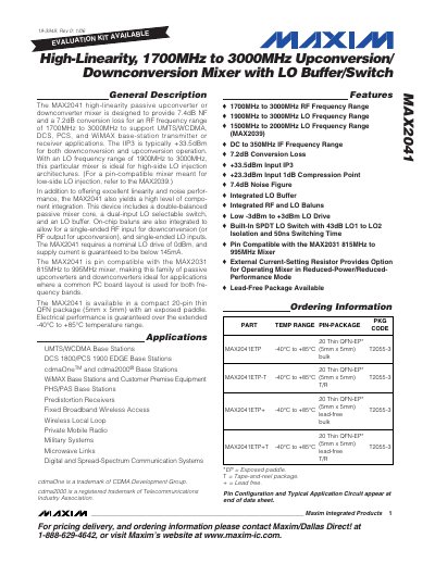 Maxim MAX2041 High-Linearity 1700MHz‑3000MHz Upconversion/Downconversion Mixer Datasheet - cover page