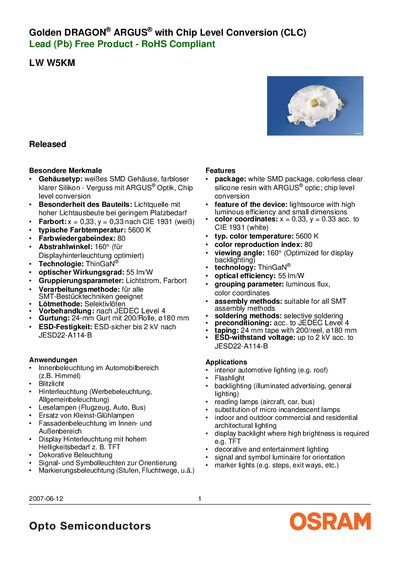 OSRAM LW W5KM LED Datasheet - cover page
