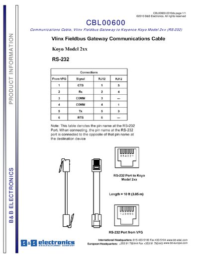 B&B Electronics CBL00600 Communications Cable Product Leaflet