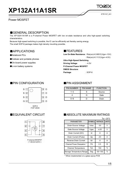 Torex XP132A11A1SR P-Channel Power MOSFET Datasheet - cover page