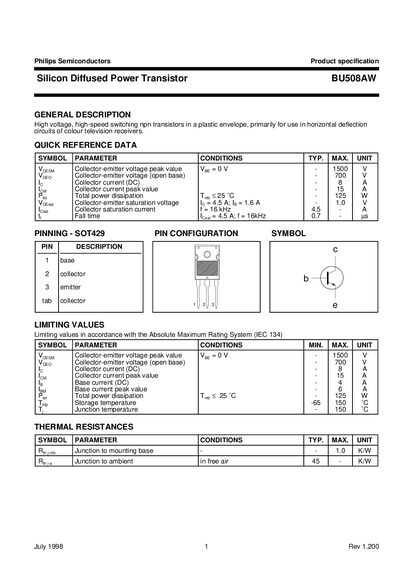 Philips BU508AW Silicon Diffused Power Transistor Datasheet - cover page