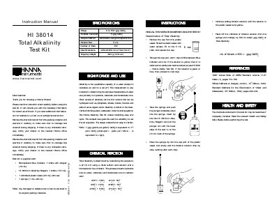 Hanna Instruments HI 38014 Total Alkalinity Test Kit Instruction Manual - cover page