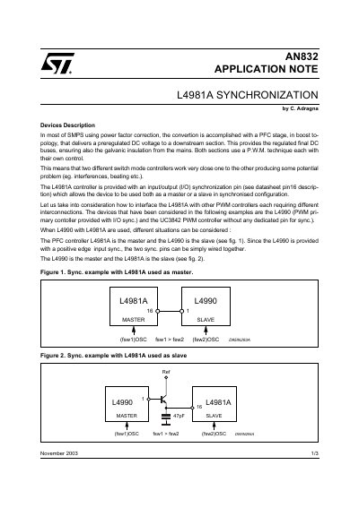 STMicroelectronics AN832 L4981A Synchronization Application Note - cover page