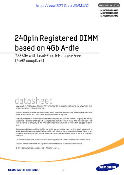 Samsung M393B2G70AHO 240‑Pin Registered DIMM Handbook - cover page