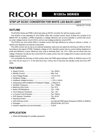 Ricoh R1203x Series Step-Up DC/DC Converter for White LED Backlight Datasheet