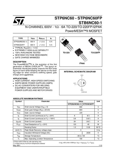 STMicroelectronics STP6NC60 / STP6NC60FP / STB6NC60-1 Datasheet - cover page
