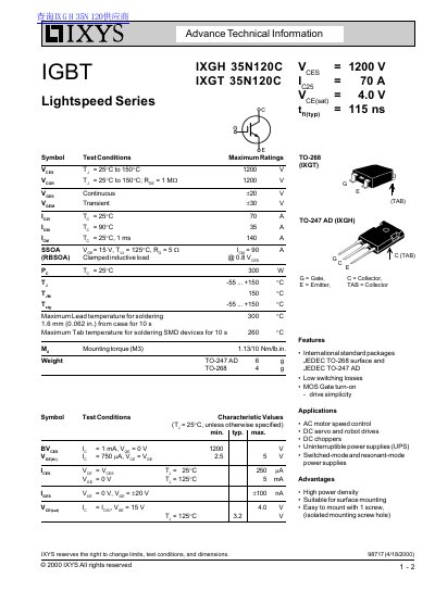 IXYS IXGH/IXGT 35N120C IGBT Datasheet - cover page