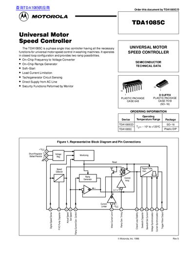 Motorola TDA1085C Universal Motor Speed Controller Datasheet - cover page