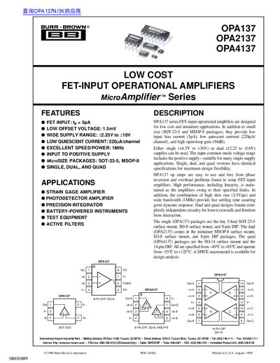 Burr-Brown OPA137, OPA2137, OPA4137 Operational Amplifier Datasheet - cover page